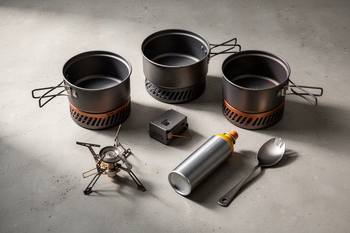 Compact backpacking stoves with heat-exchanger pots arranged on a concrete surface