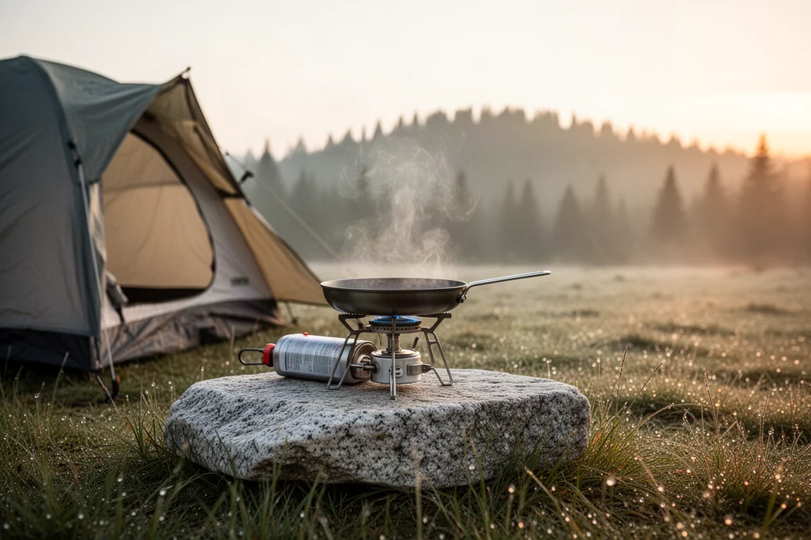 Campingfrühstück auf einem kleinen Kocher neben einem Zelt bei Sonnenaufgang