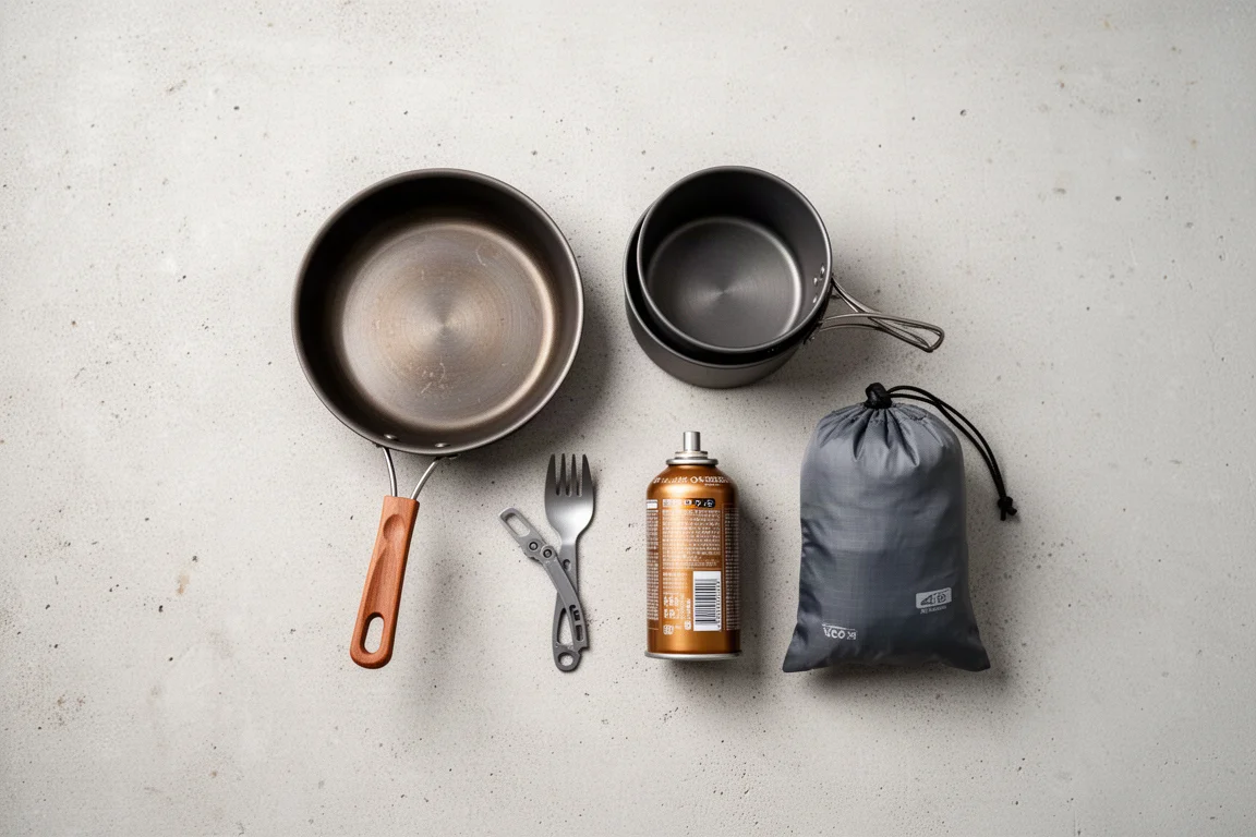 Flachlay eines gepackten Camping-Kochsets auf Beton