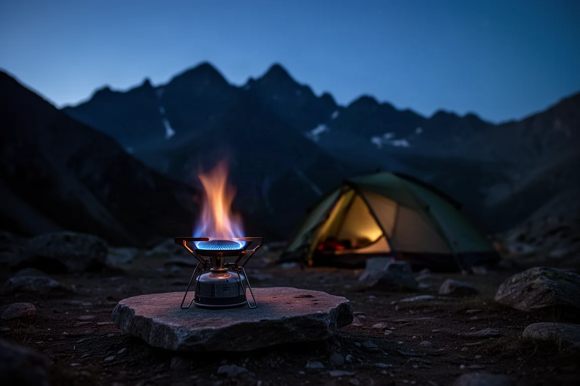 Campingplatz in der Dämmerung mit warmer Kocherflamme und Bergen im Hintergrund
