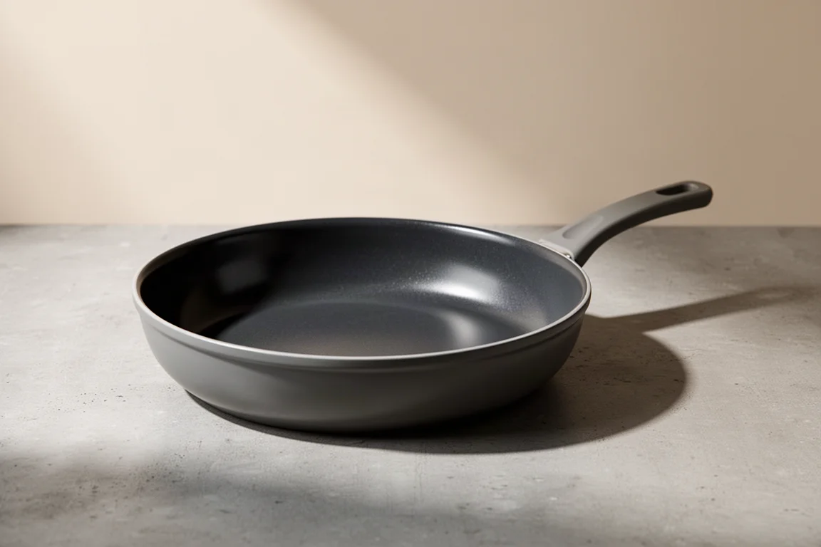 Eight-inch ceramic non-stick camping frying pan on a matte concrete surface