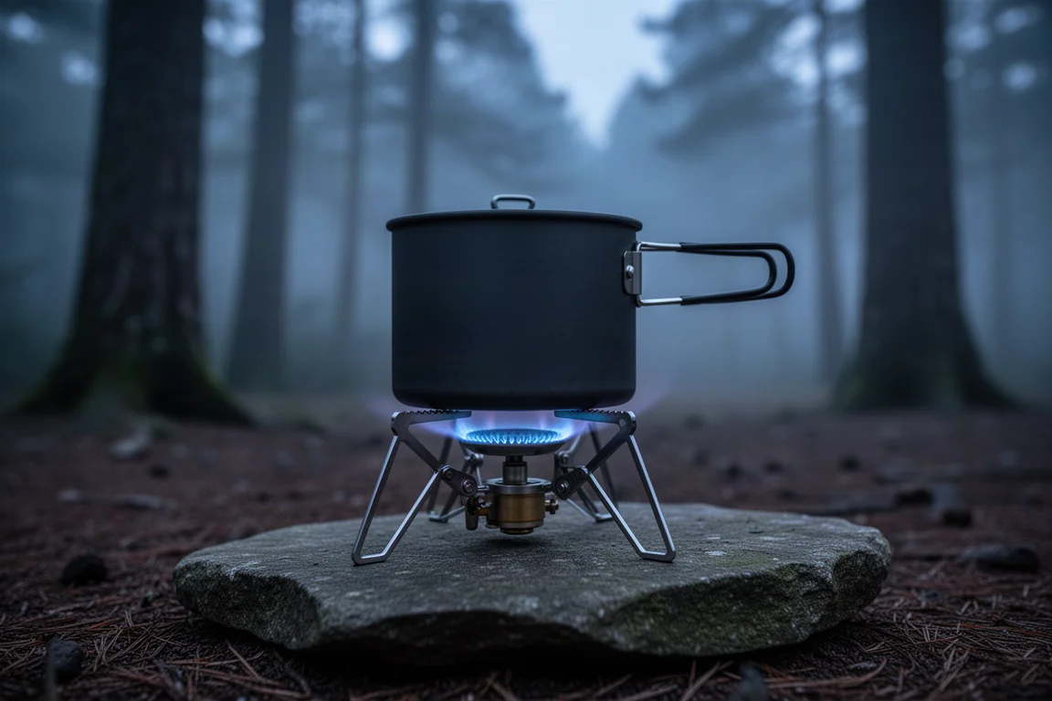 Brûleur de camping à flamme bleue sous une popote foncée sur des bras stabilisateurs pliants au crépuscule