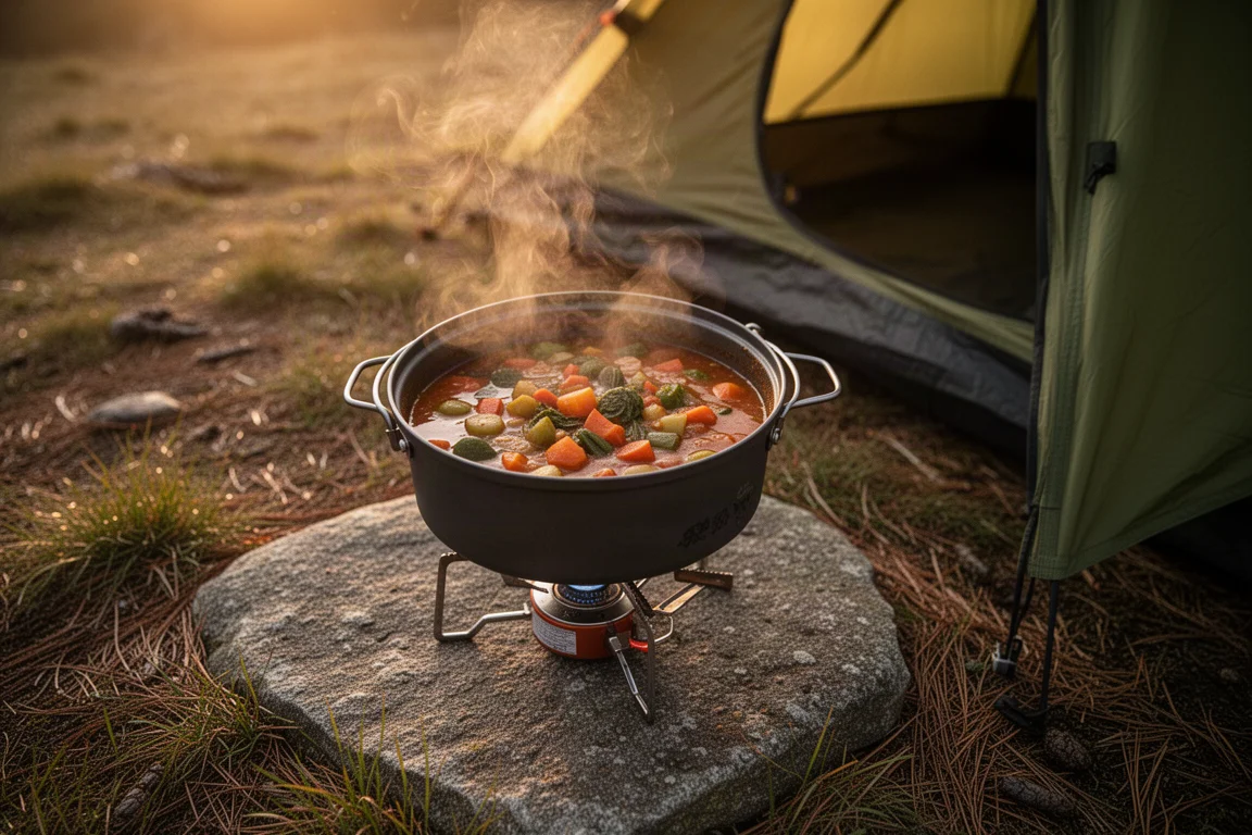 Vue plongeante d'une large popote de camping contenant un ragoût mijotant sur un brûleur à l'heure dorée