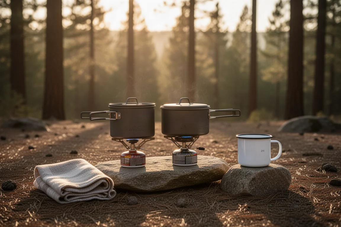 Deux popotes de camping de tailles différentes à côté d'un brûleur dans un camping en forêt de pins