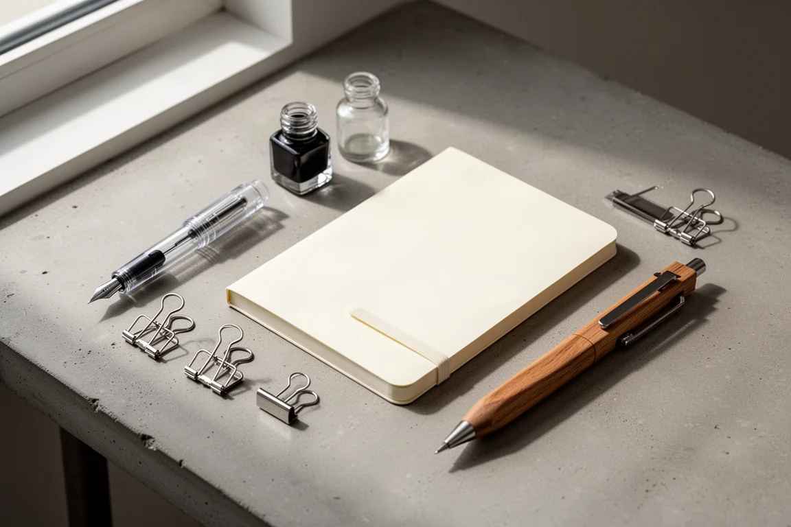 Flat lay of a fountain pen, ink bottle, notebook, and writing tools on a desk