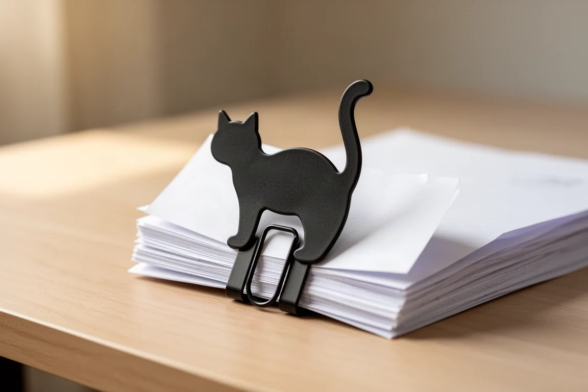 Black cat-shaped paper clip holding a stack of loose papers