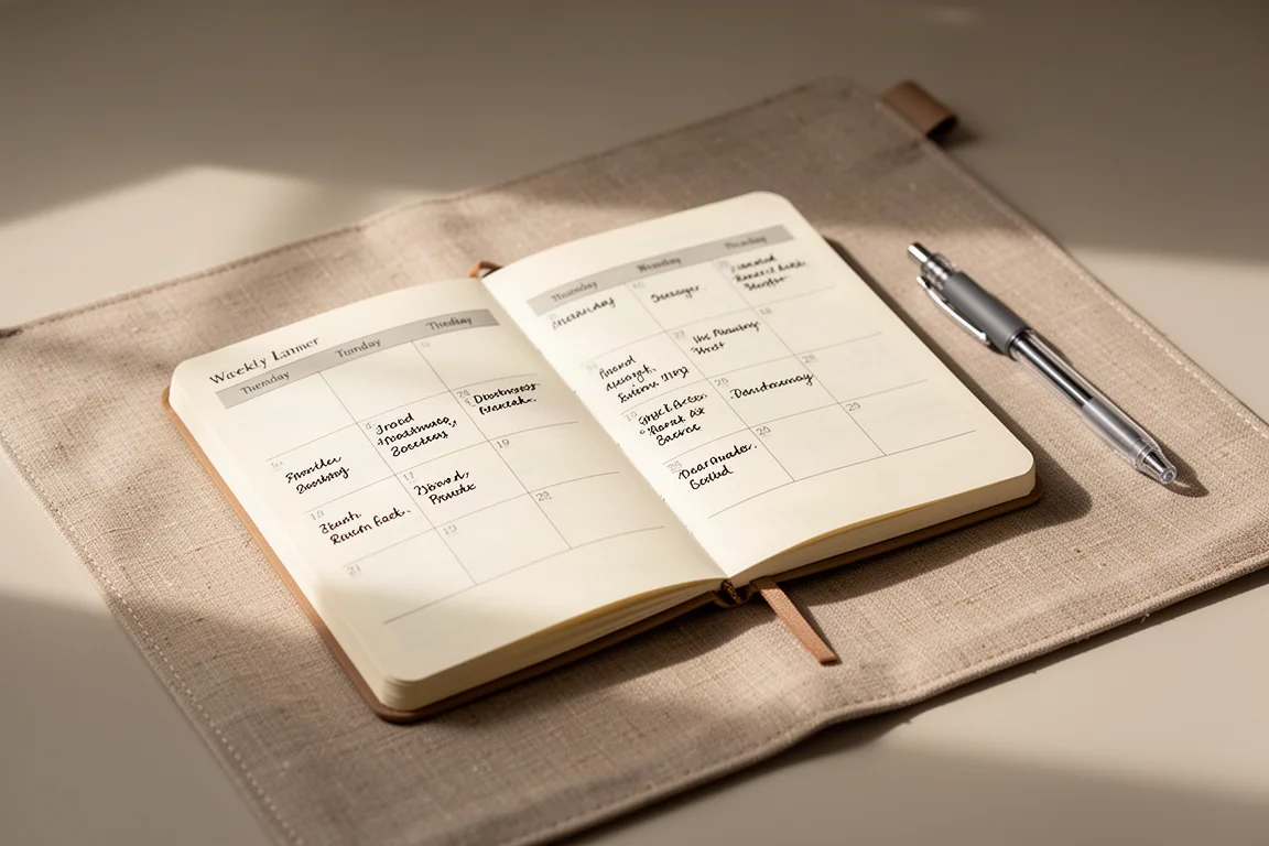 Open weekly planner notebook with handwritten entries beside a pen