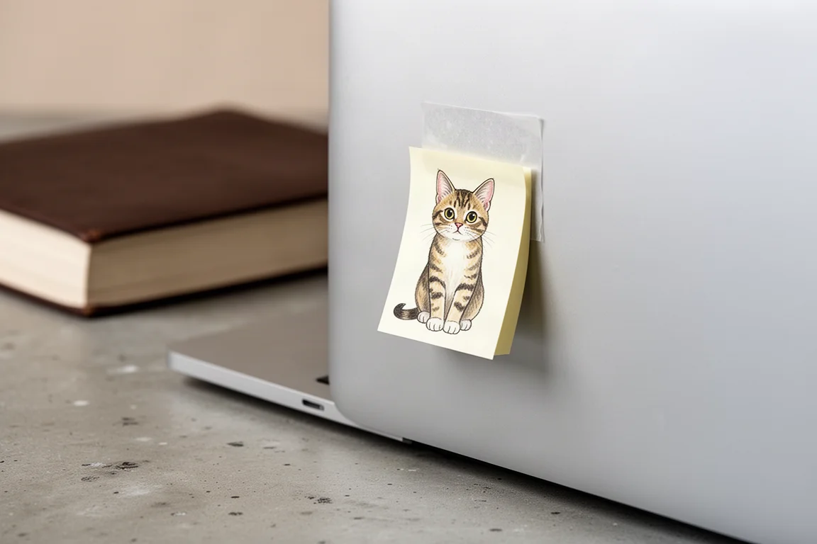 Thick journal with adhesive-backed cat sticky note attached to a laptop