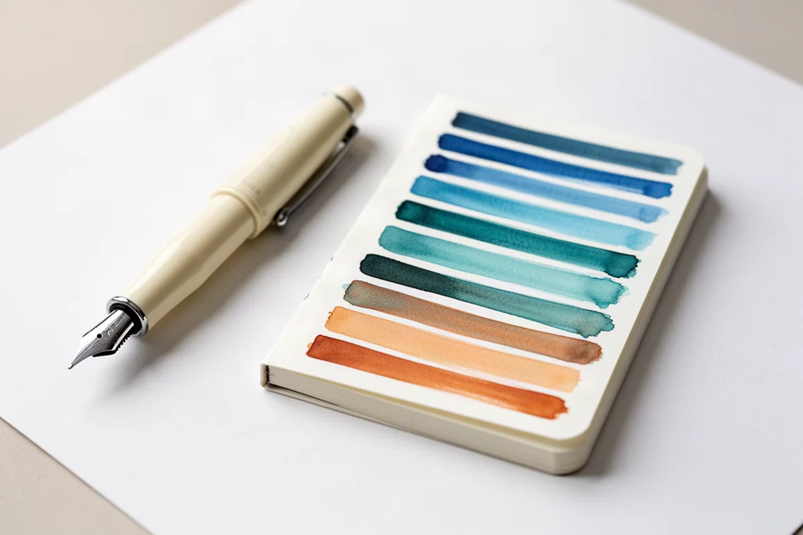Cream fountain pen resting beside a small notebook of colorful ink swatches