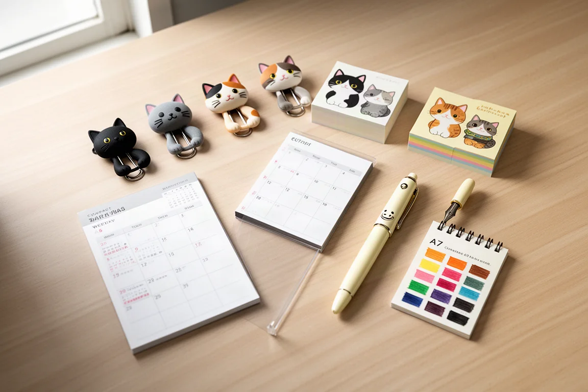 Composizione flat-lay di cancelleria giapponese con mollette a forma di gatto, agenda, post-it, una penna stilografica e un quaderno di campioni di inchiostro