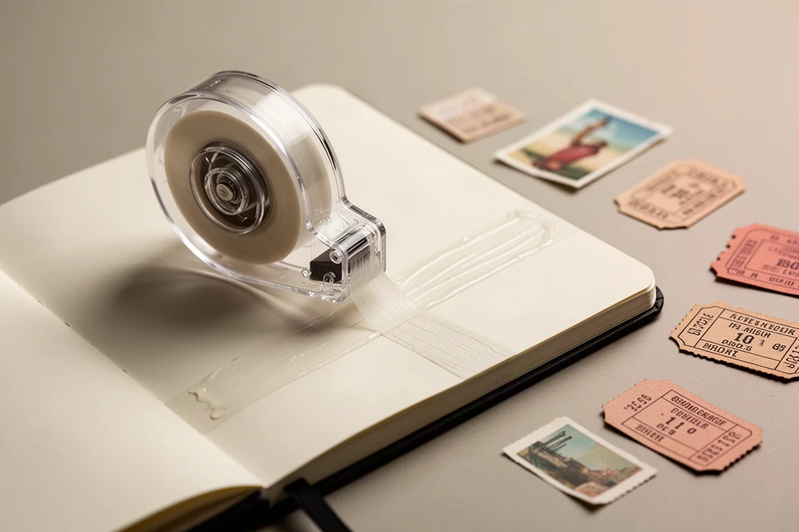 Tape runner gliding across journal ephemera, laying down a clean adhesive line