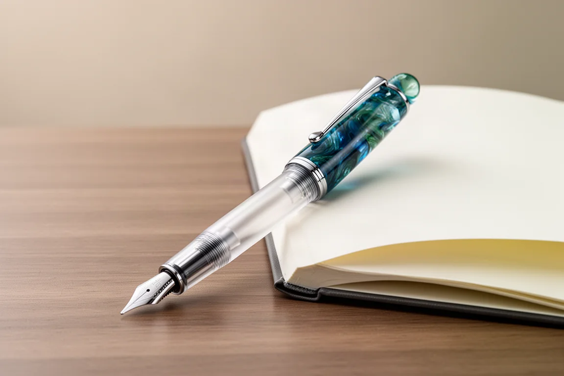 Fountain pen with a marbled blue-green cap resting beside an open notebook