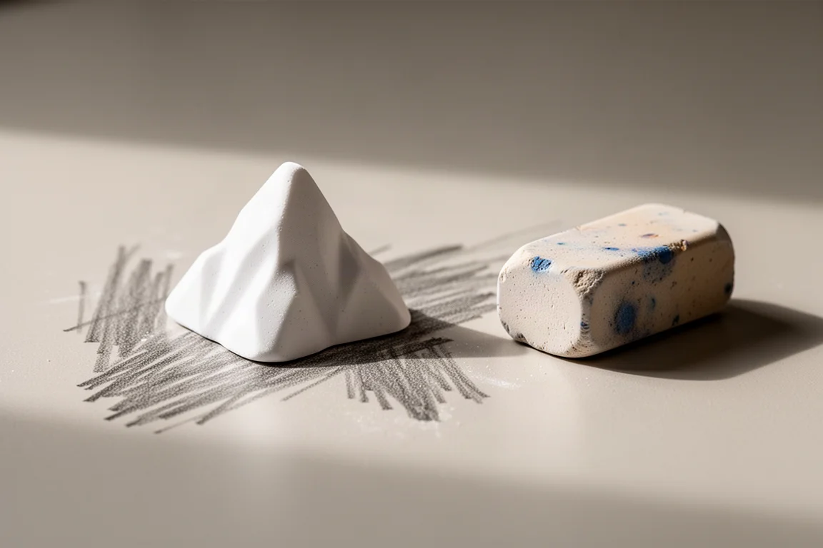 Mountain-shaped eraser with faint pencil smudges on a desk beside a worn eraser