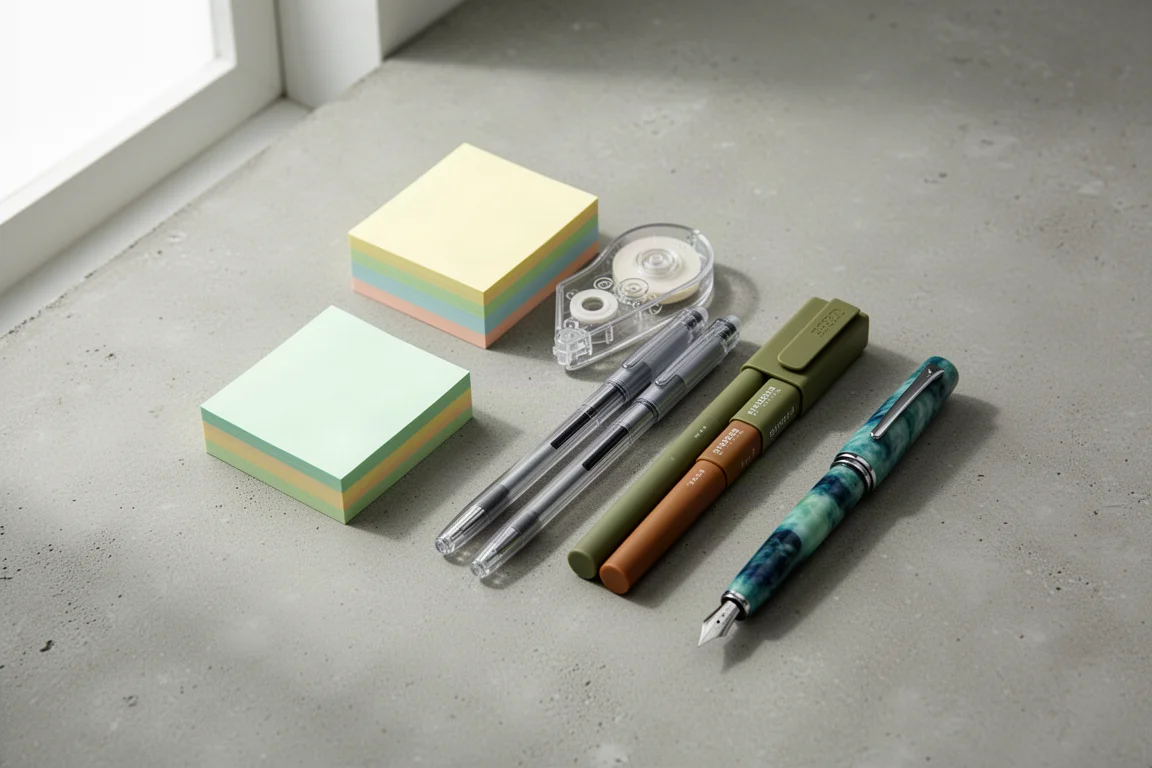 Flat-lay of assorted Japanese stationery including sticky notes, pens, highlighters, and a tape runner