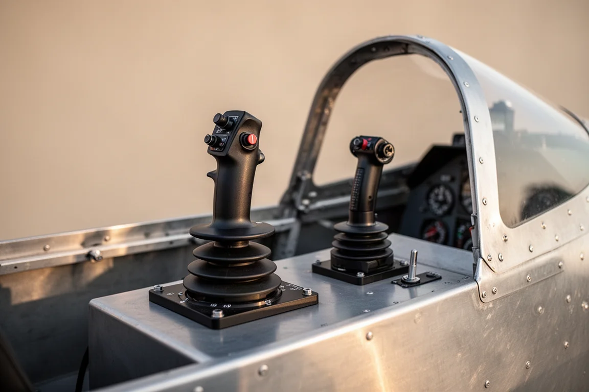 Zbliżenie na trójosiowy joystick sterowania lotem i dźwignię przepustnicy w otwartym kokpicie