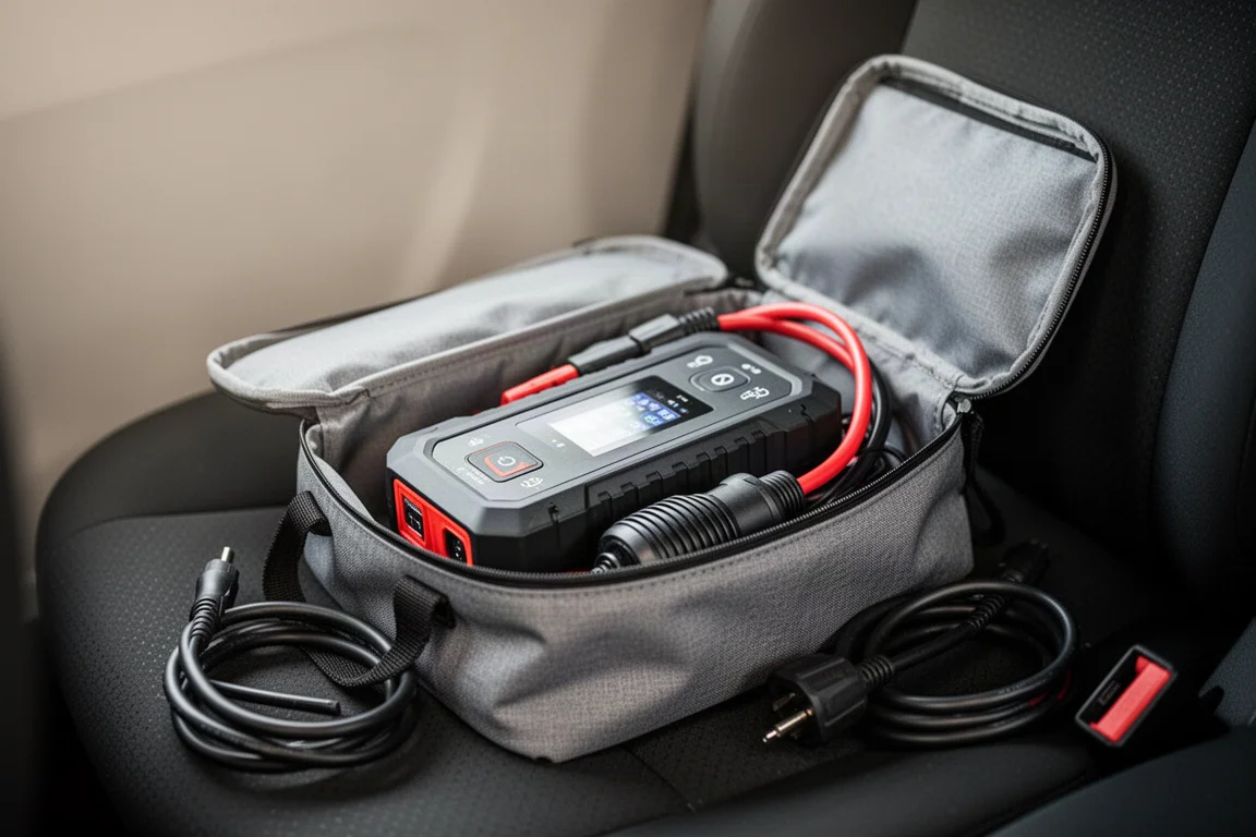 Portable jump starter and inflator unit stored in a soft carry bag on a car seat