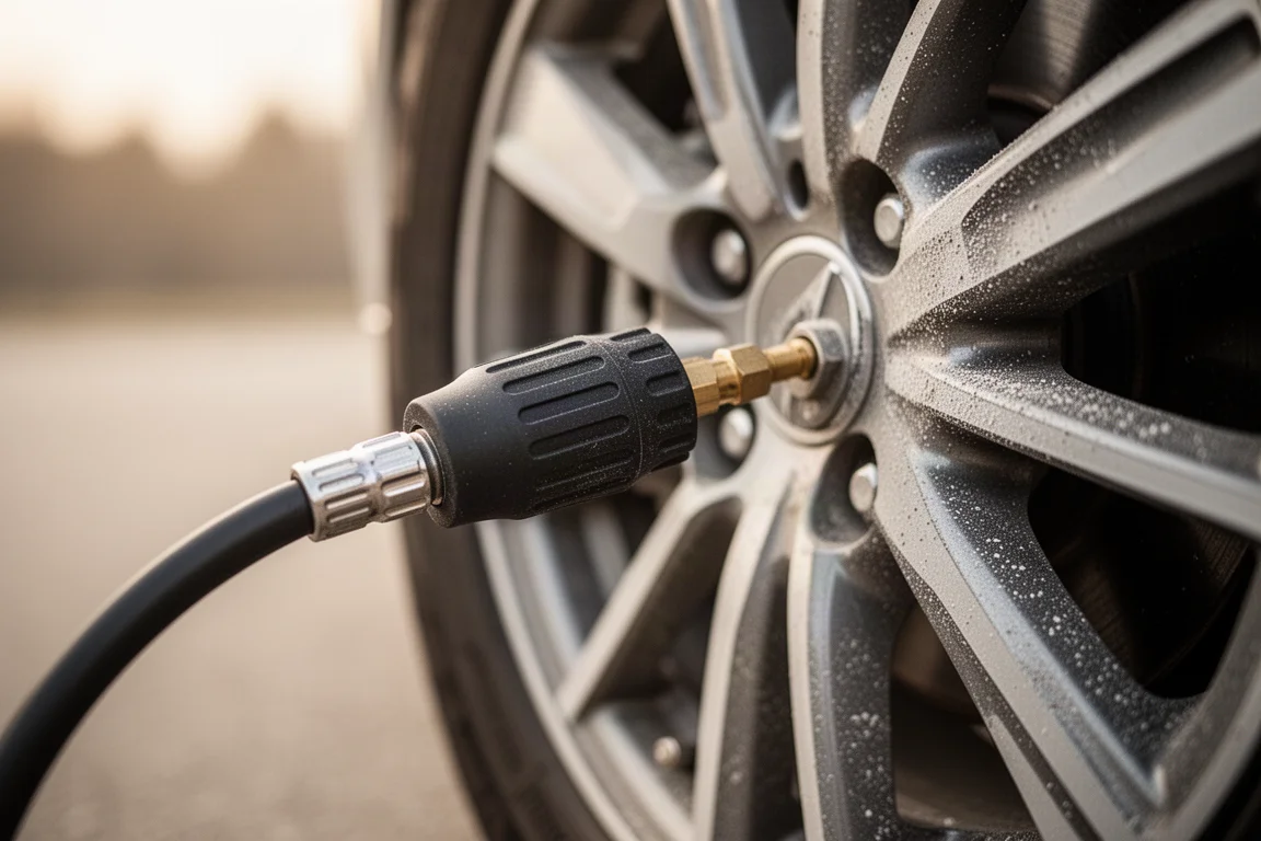 Air compressor hose and chuck connected to a car tire valve stem