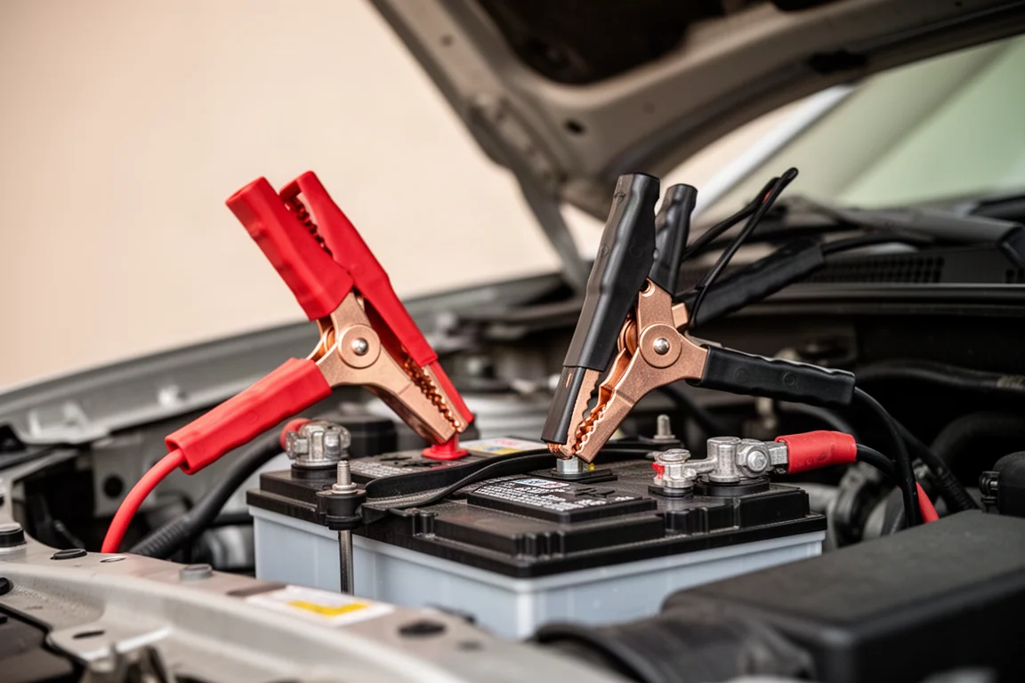 Jumper clamps connected to a car battery terminals under an open hood