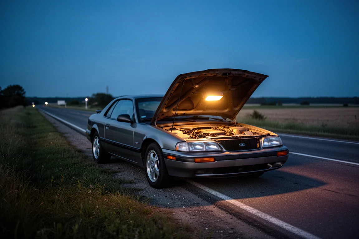 Car parked on a quiet roadside at dusk with interior light glow