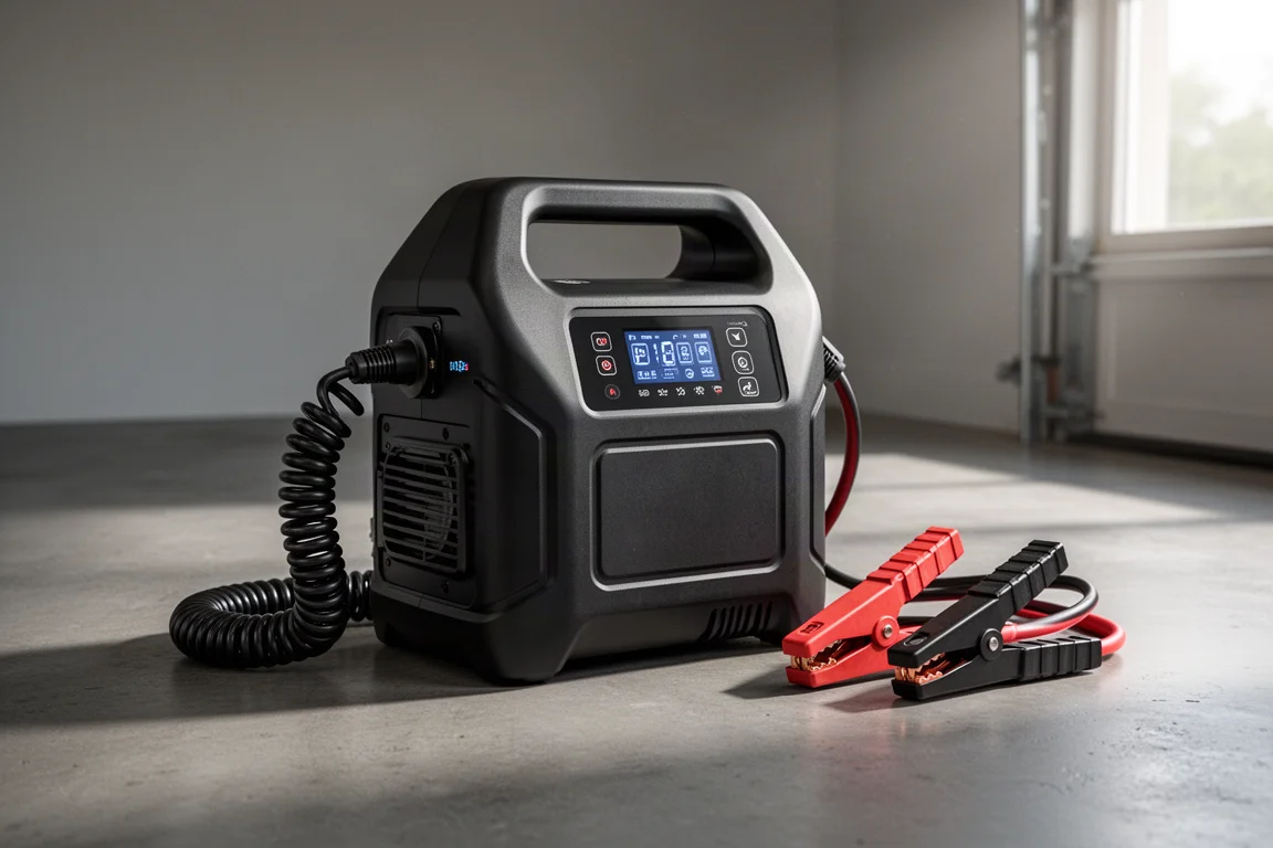 Avviatore di emergenza portatile con compressore d'aria e cavi di avviamento su un pavimento in cemento