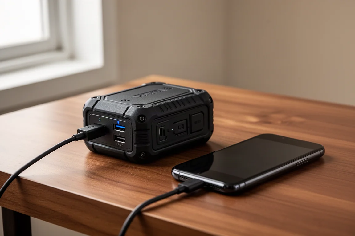 USBケーブルを通じてスマートフォンを充電しているジャンプスターター