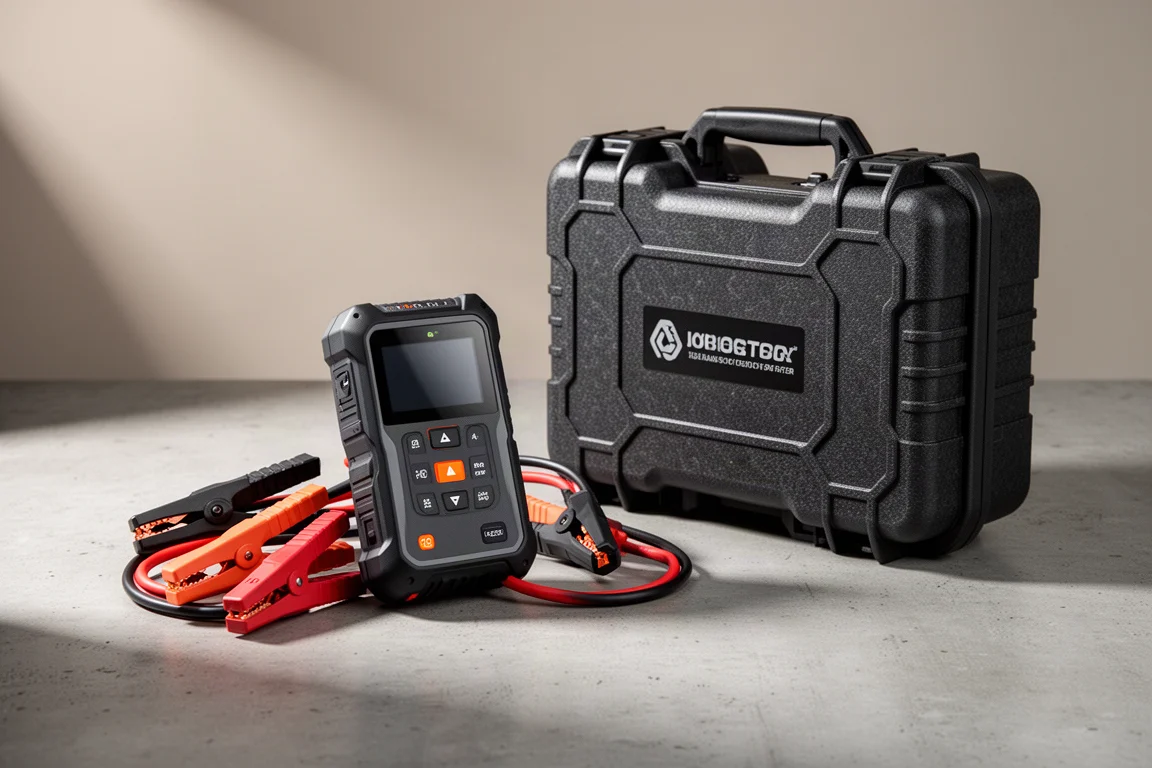 Jump starter JF.EGWO con cavi di avviamento e valigetta rigida su superficie in cemento