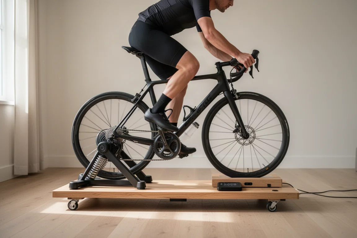 Cyclist riding an indoor trainer on a motion platform in a home setup