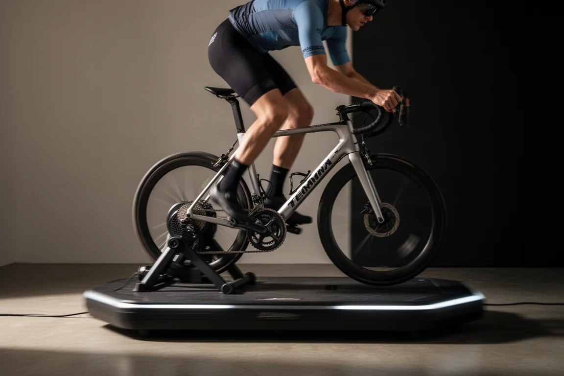 Cyclist sprinting hard on an indoor trainer with motion blur on the platform