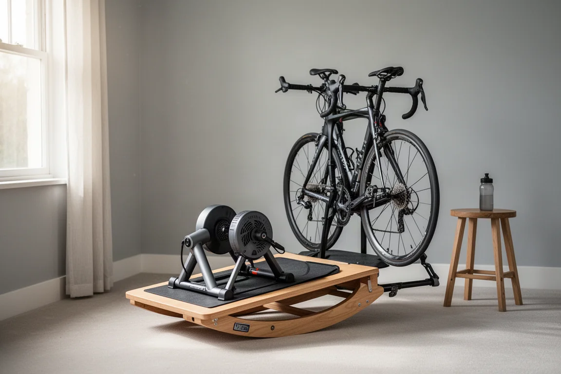 Home indoor training corner with rocker plate, trainer, and accessories neatly arranged