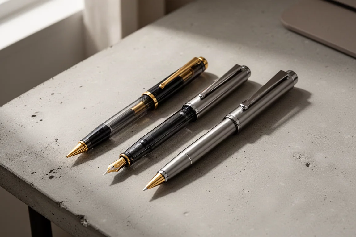 Jinhao 20 and Jinhao 10 retractable fountain pens side by side on a concrete desk