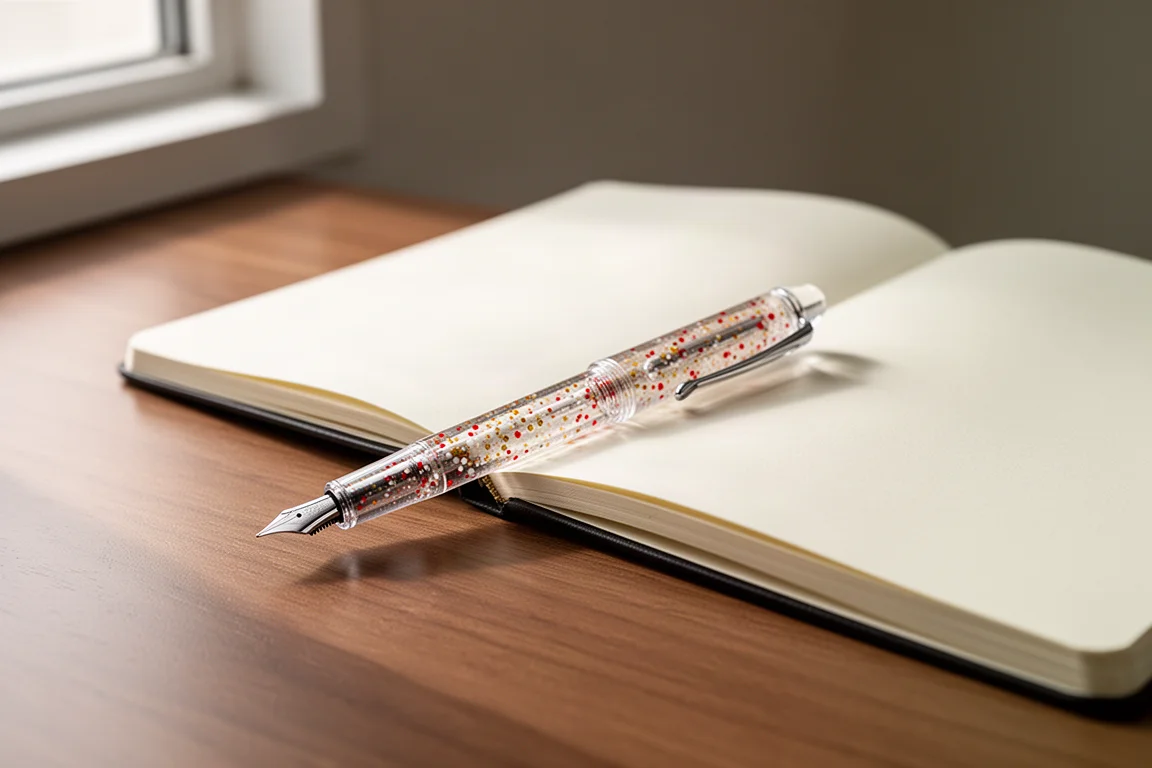 Pequeña pluma estilográfica de acrílico transparente junto a un cuaderno sobre un escritorio de madera