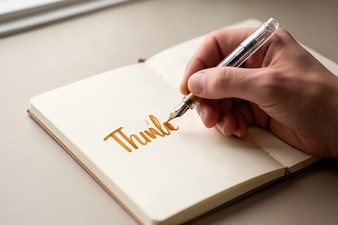Pluma estilográfica escribiendo en la última página de un cuaderno con luz natural suave