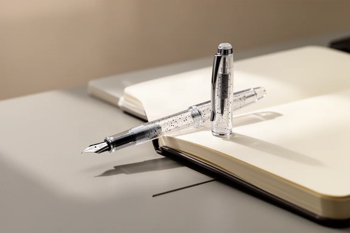 Pluma estilográfica compacta y transparente con el tapón puesto, apoyada sobre un cuaderno