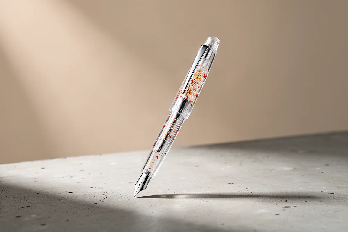 Piccola penna stilografica in acrilico trasparente con screziature simili a confetti su una superficie di cemento
