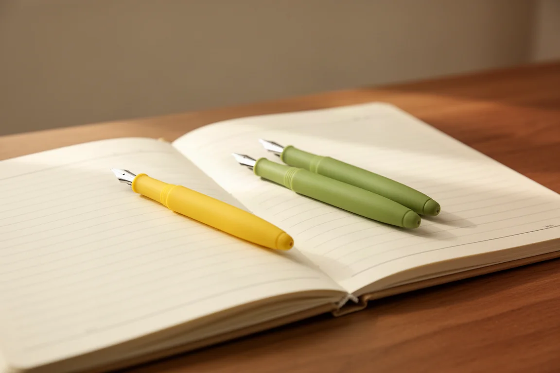 Deux stylos-plumes pastel, jaune et vert, posés sur un bureau à côté d'un carnet ouvert
