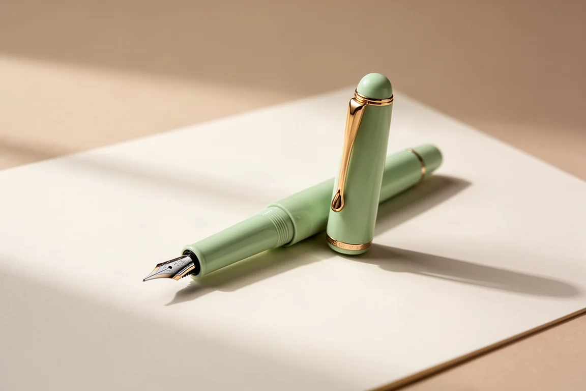 Un court stylo-plume de poche avec le capuchon vissé au dos, prêt à écrire