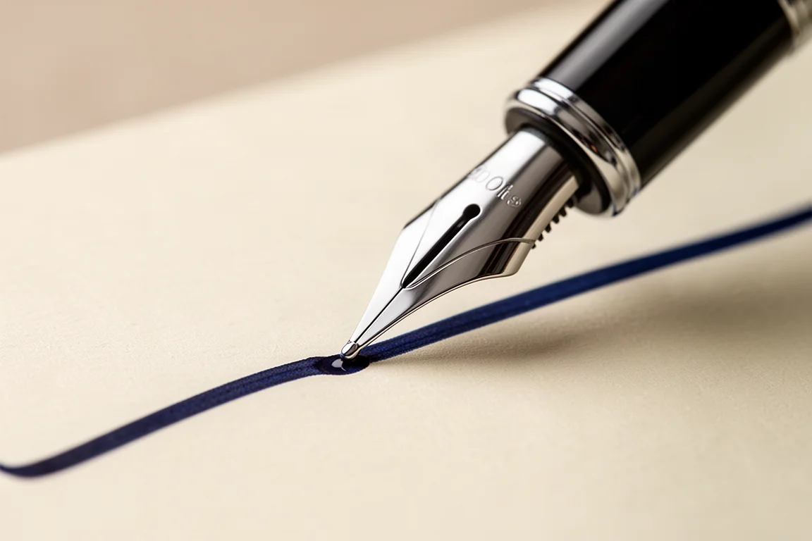 La plume d'un stylo trace une ligne d'encre fluide sur du papier texturé