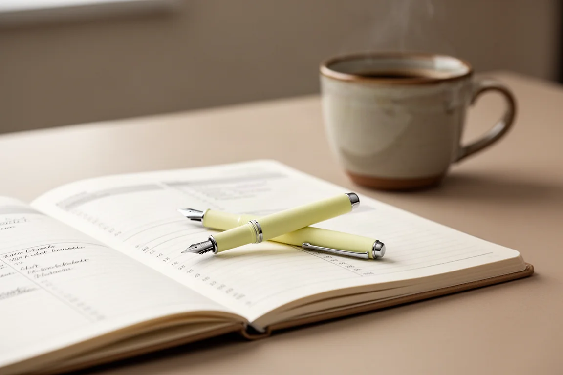 Un stylo-plume pastel posé sur un carnet dans un environnement de bureau