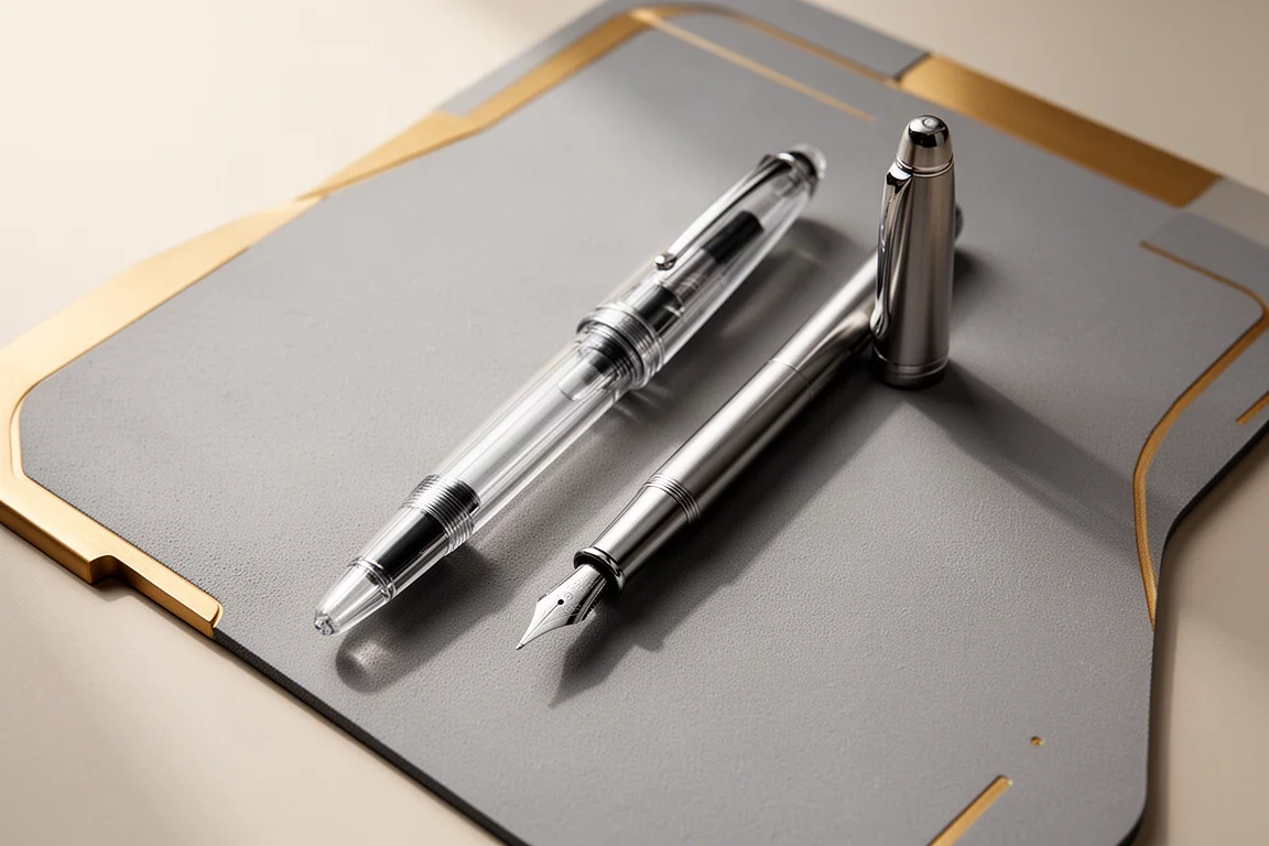 Grande penna stilografica demonstrator trasparente accanto a una penna stilografica metallica più piccola per confronto dimensionale