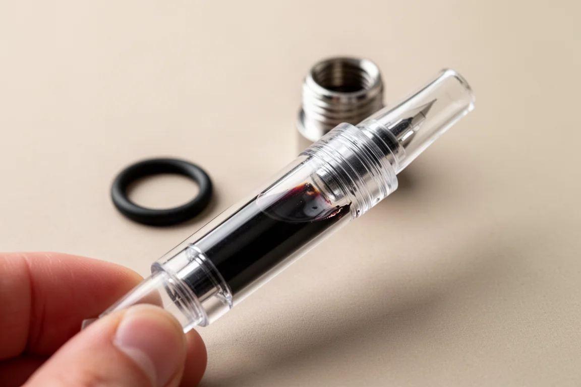 Convertitore ad alta capacità di una penna stilografica riempito d'inchiostro blu-nero tenuto vicino a una sorgente di luce