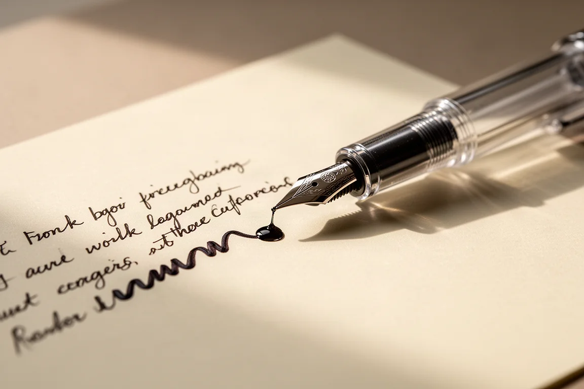 Penna stilografica che scrive su carta di un quaderno color crema con un tratto d'inchiostro bagnato