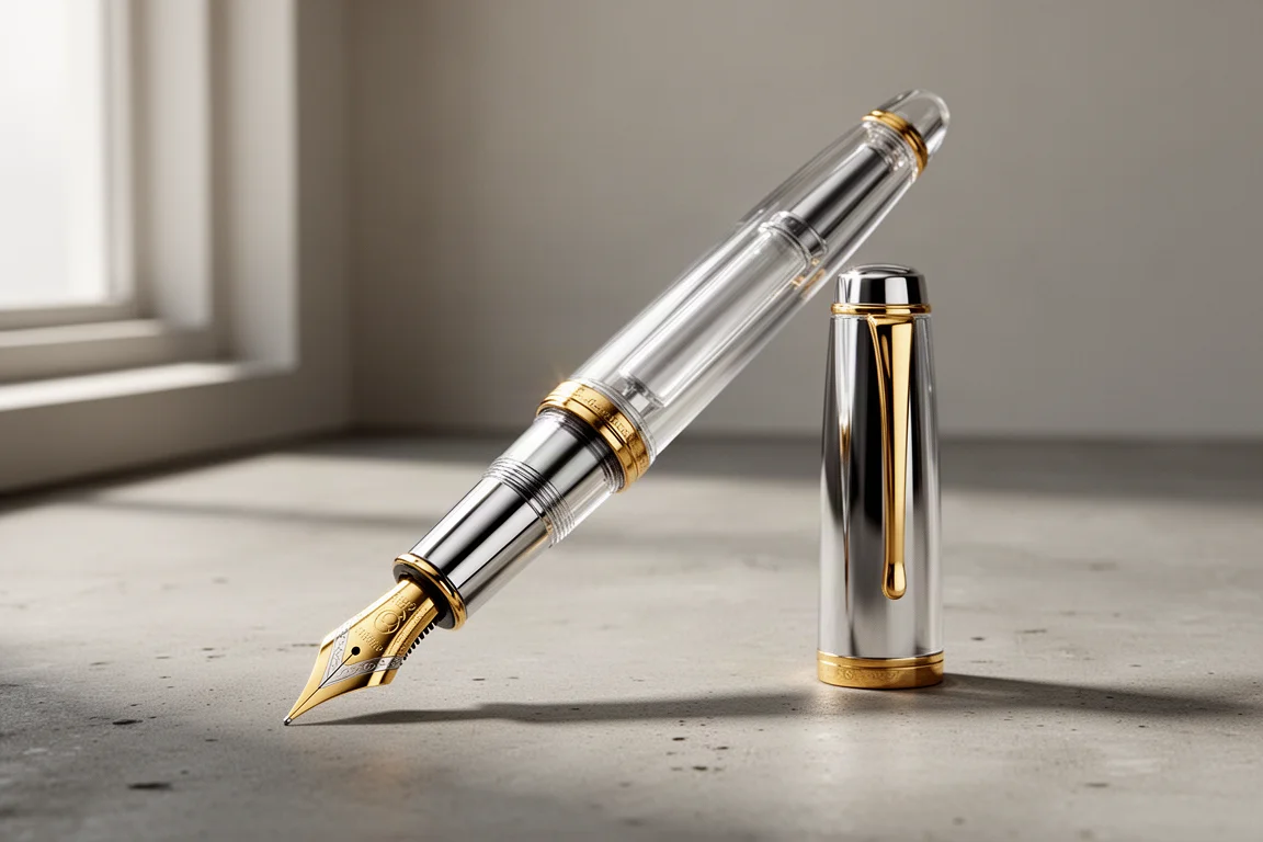 Grande penna stilografica demonstrator trasparente con finiture oro appoggiata su una superficie in cemento