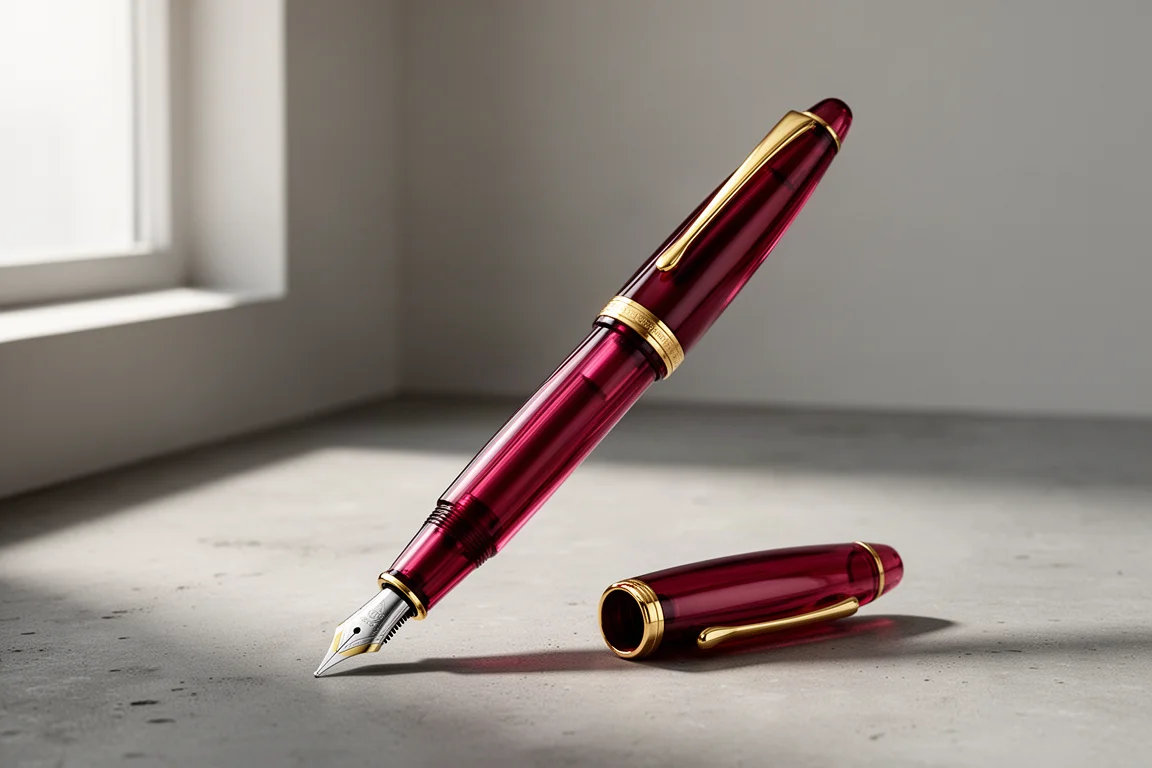 Penna stilografica trasparente rosso vino oversize con clip dorata e pennino bicolore sul cemento