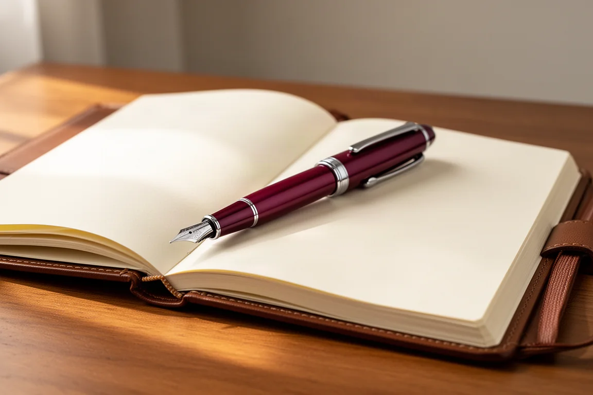 Large fountain pen resting on a wooden desk beside a leather notebook
