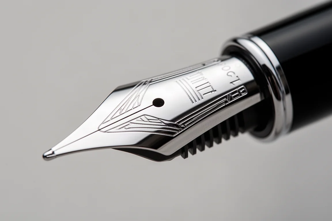 Close-up of an oversized broad fountain pen nib showing generous tipping