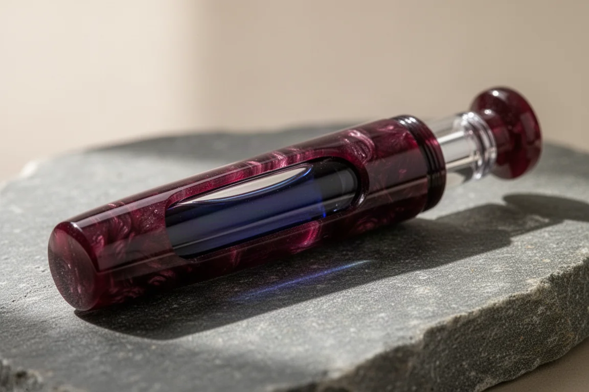 Fountain pen barrel held in hand showing ink window and piston mechanism