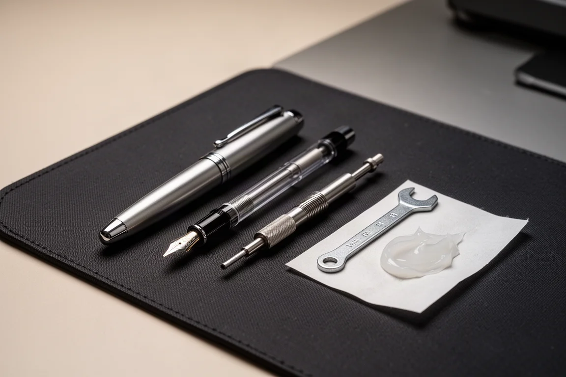 Pen disassembly tools laid out on a desk next to a partially disassembled fountain pen