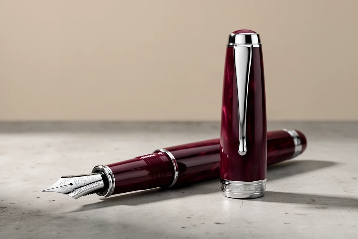 Jinhao 930 burgundy fountain pen with large engraved nib on concrete surface