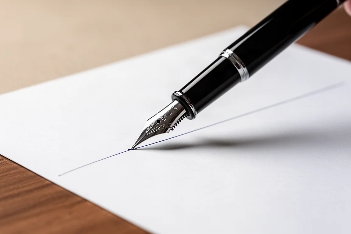 Plumín fino de pluma estilográfica produciendo una escritura ligera y seca sobre papel blanco
