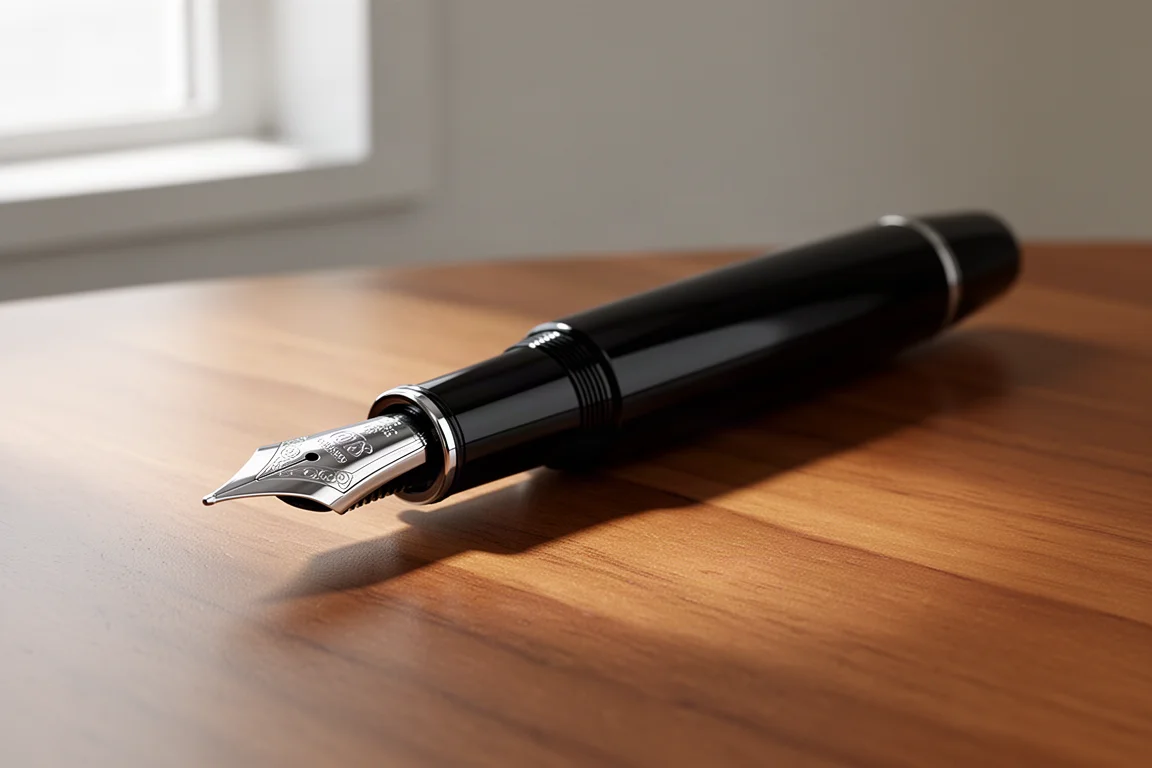 Glossy black resin fountain pen with an oversized steel nib on a wood desk